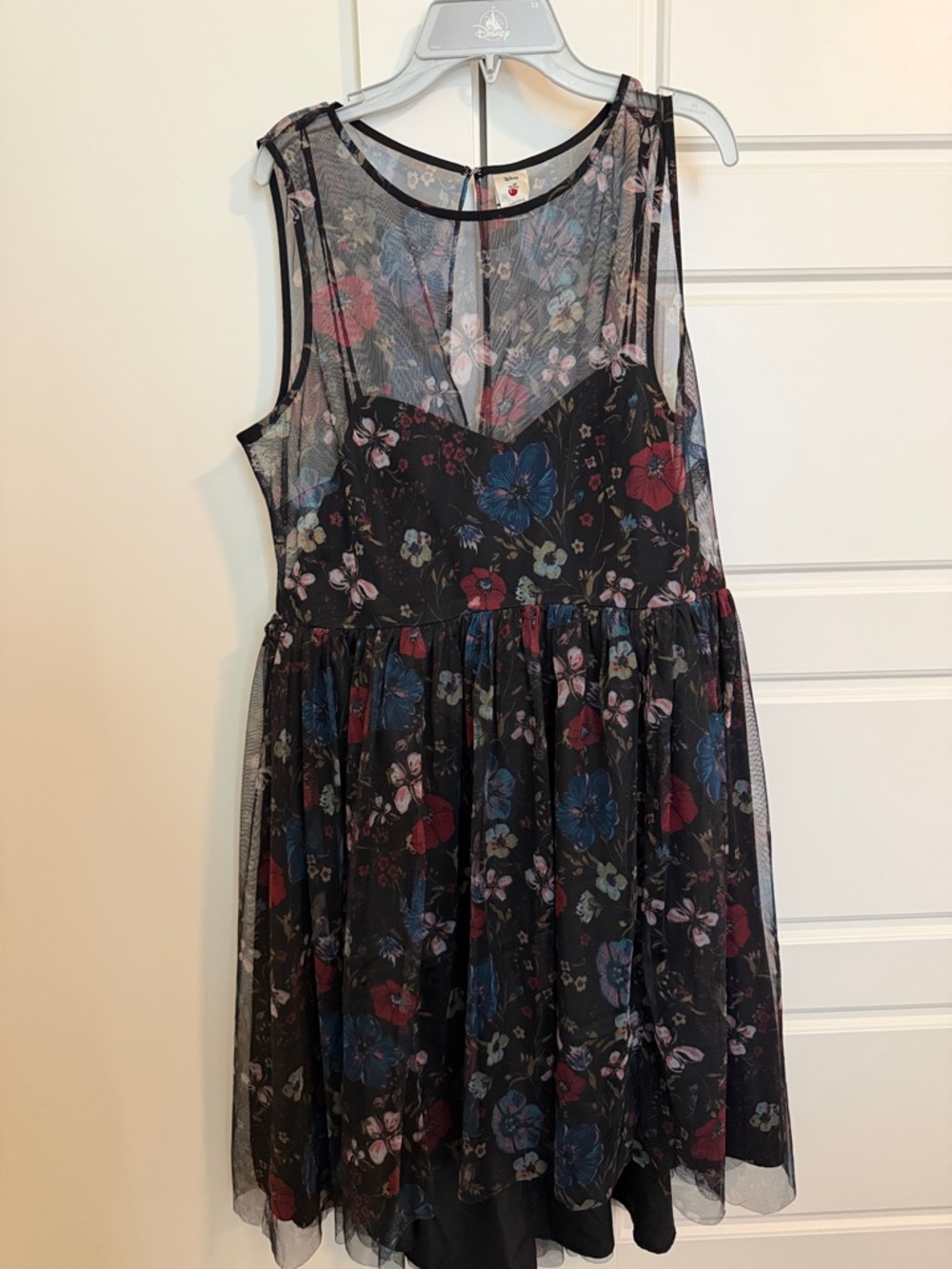 Disney Black Floral Mesh Overlay Dress with Blue & Red Blooms